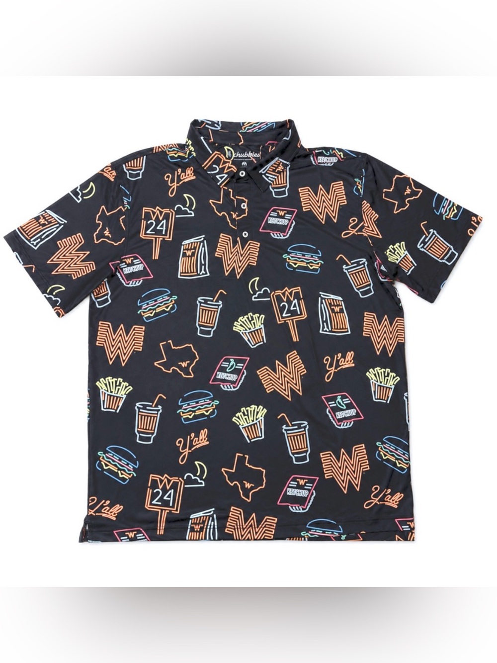 NEW CHUBBIES BLACK NEON GRAPHIC WHATABURGER LOGO PERFORMANCE POLO SHIRT SZ XL